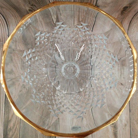 Cristal D'Arques France Footed Crystal Glass Bowl Gold Rim 8.25" Wide Diamond - Picture 11 of 12